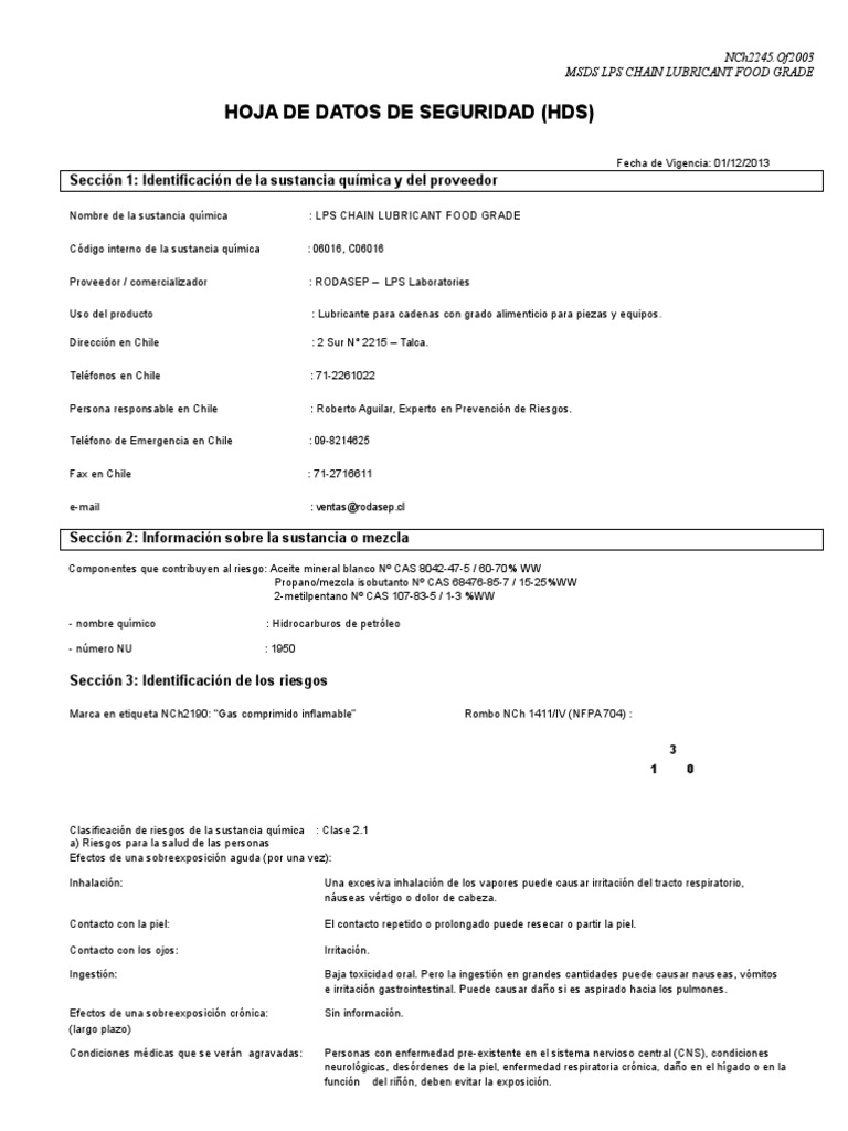 Msds Lps Chain Lubricant Food Grade PDF Dióxido de carbono Agua