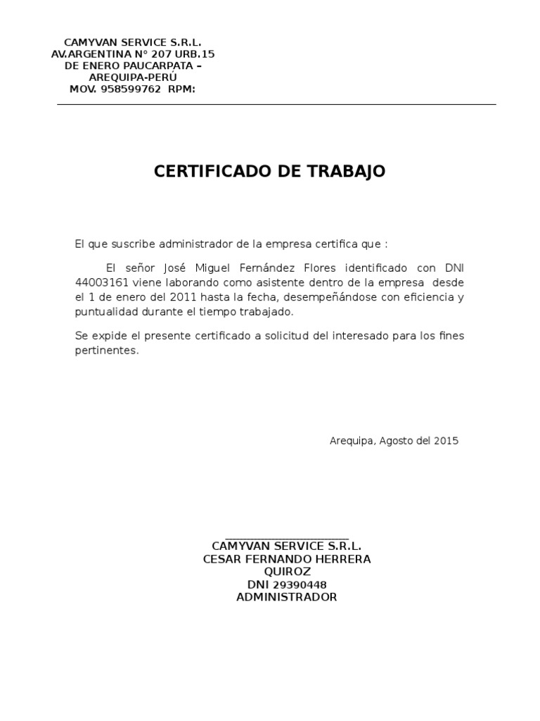 Certificado de Trabajo Jose