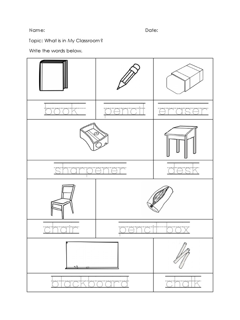 Classroom Objects Worksheet for Kids | PDF