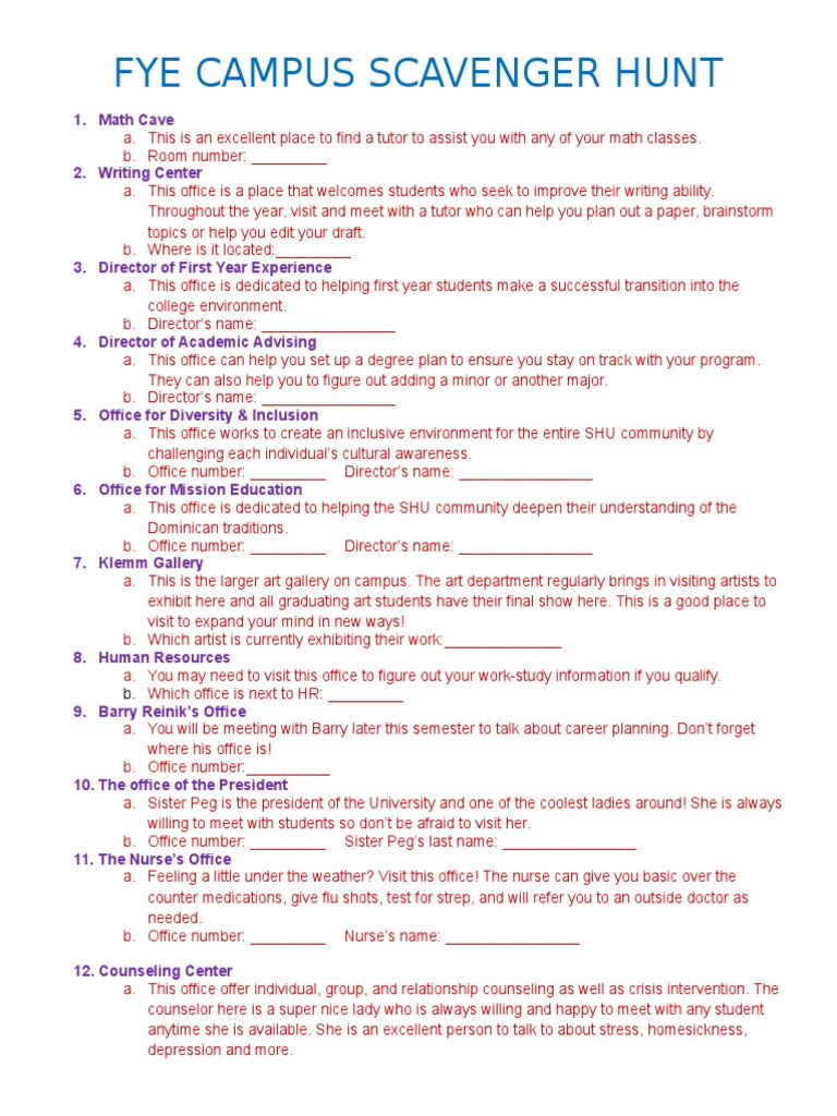 fye campus scavenger hunt Learning Academia