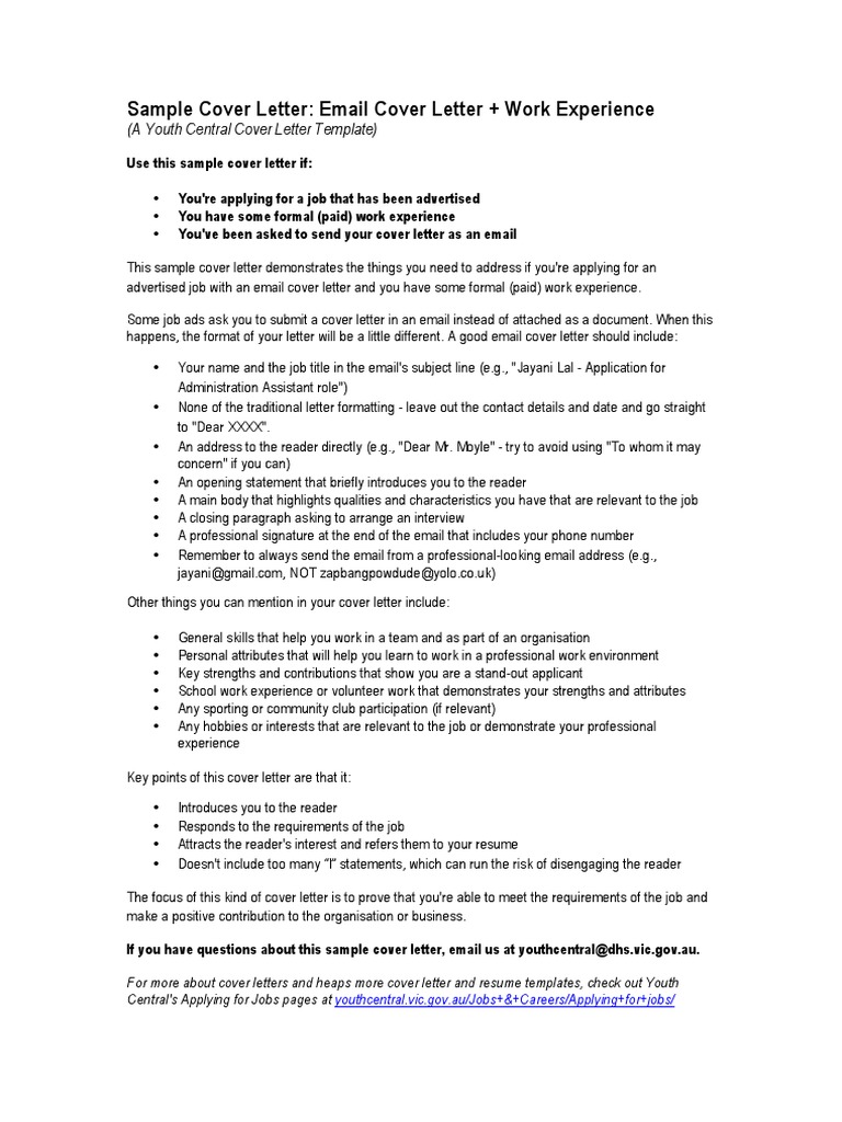 Cover Letter Examples Sample Cover Letter Youth Central