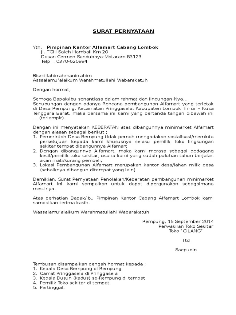 Surat Penolakan Alfamart Bang Kro Malangnya saya tidak akan menerima jawatan itu kerana ia tidak sesuai dengan laluan yang saya ambil untuk mencapai matlamat kerjaya saya.