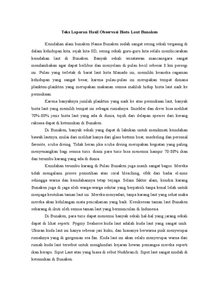 Teks Laporan Hasil Observasi Laut Seputar Laporan