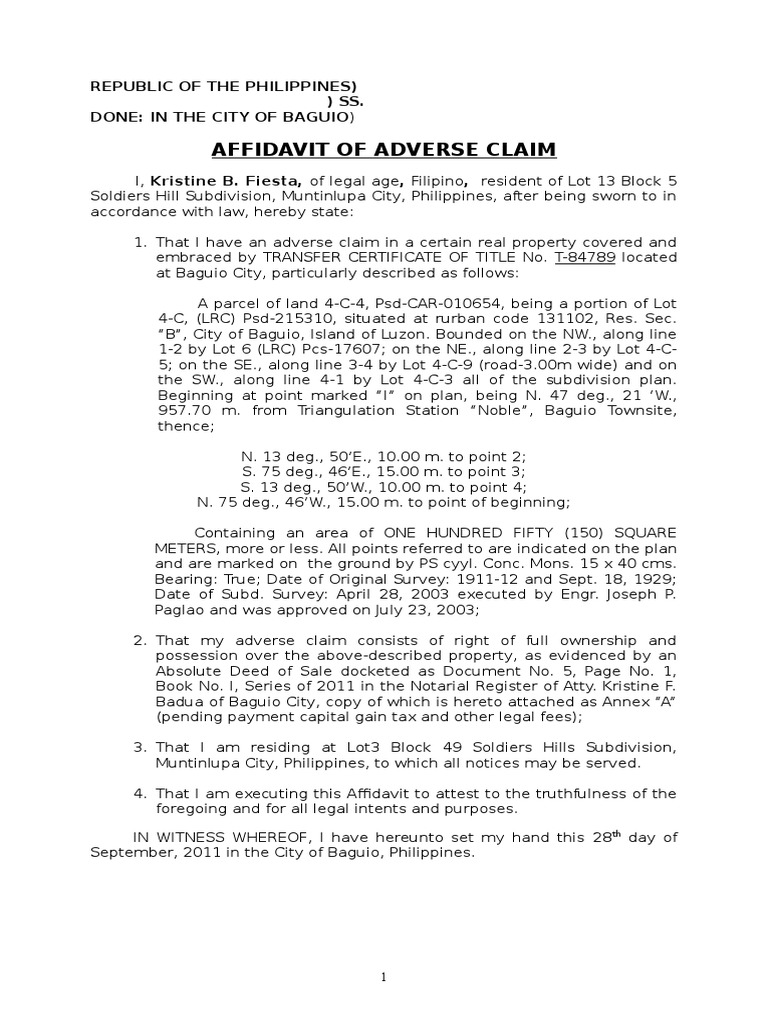 Affidavit of Adverse Claim | PDF