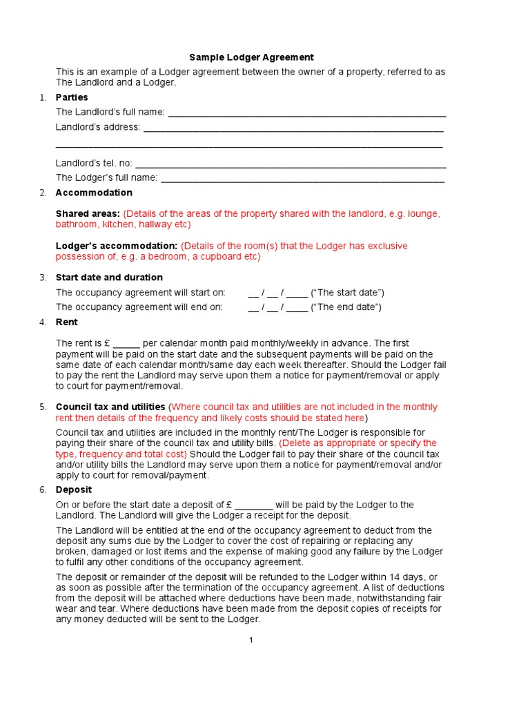 Sample Lodger Agreement Landlord Renting