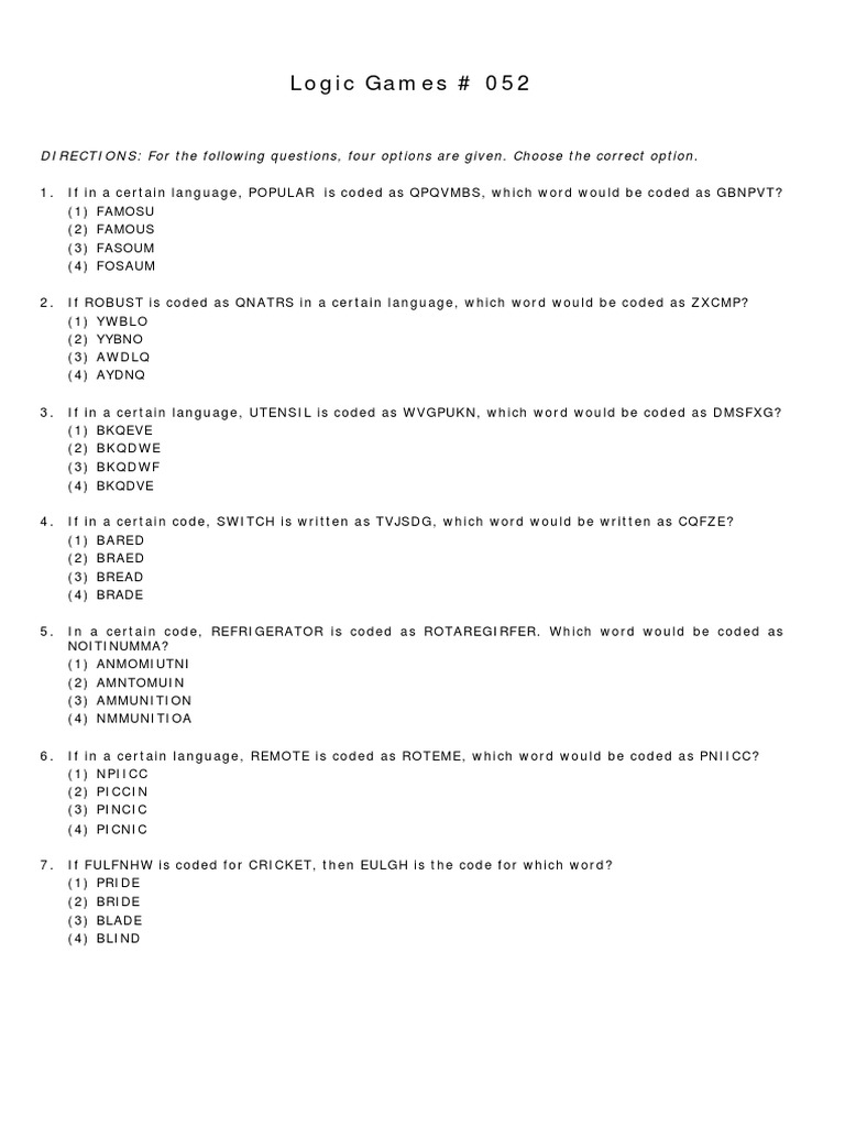 Logic Games # 052: DIRECTIONS: For The Following Questions, Four Options Are Given. Choose The ...