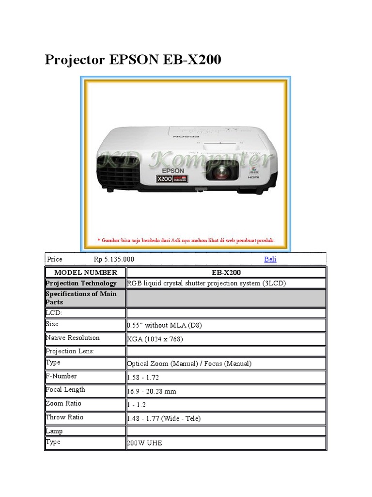 Epson EB-X200 Projector Specifications | PDF