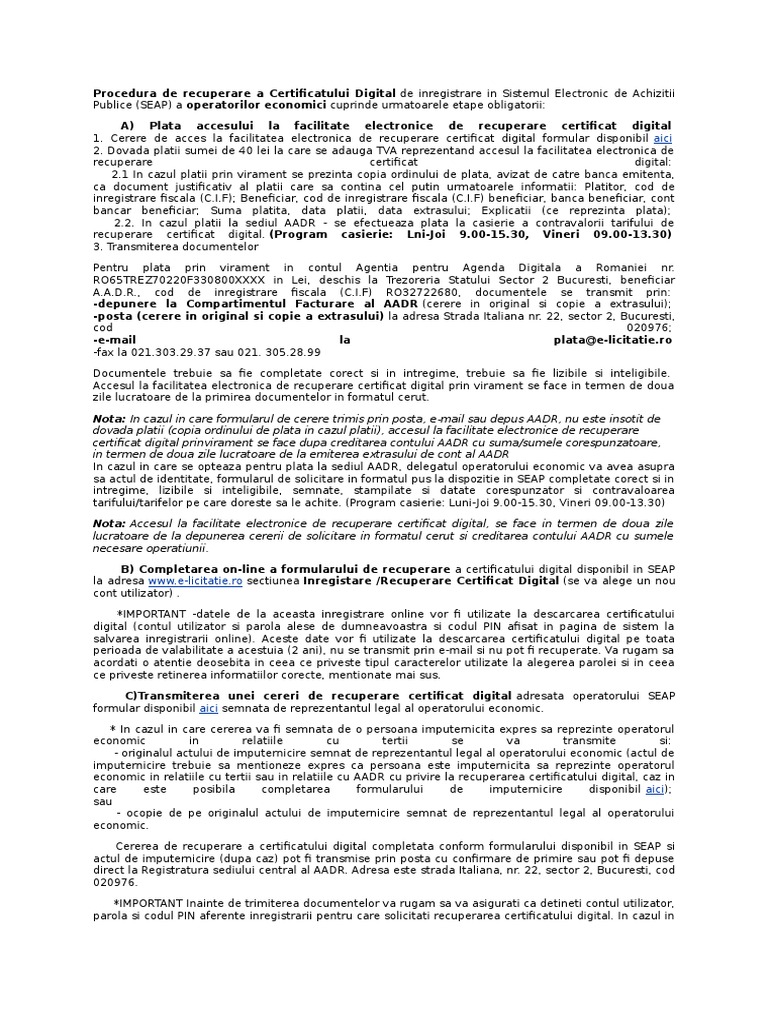 Procedura De Recuperare A Certificatului Digital