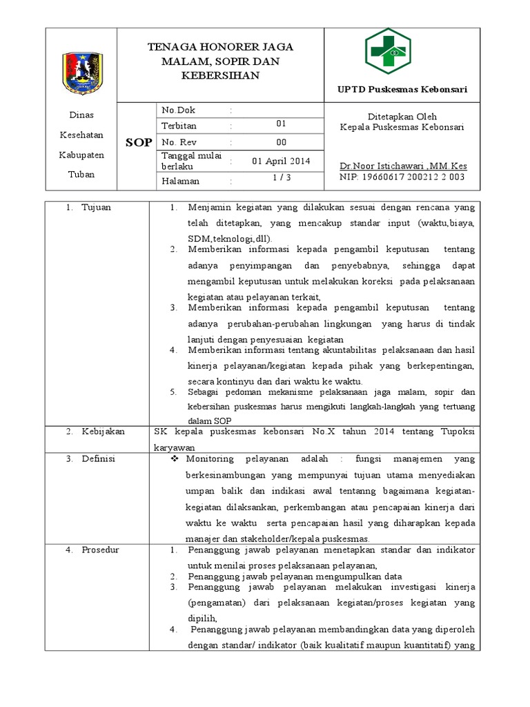SOP MONITORING Jaga Malam,Kebersihan Dan Sopir