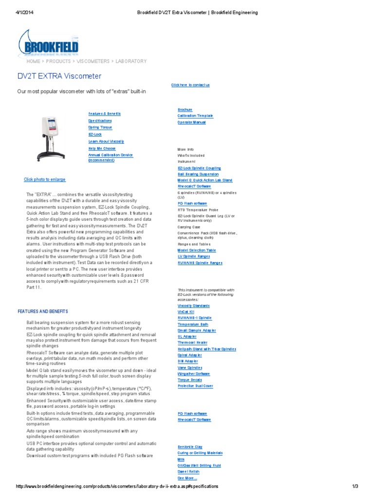 Brookfield DV2T Extra Viscometer - Brookfield Engineering | PDF ...