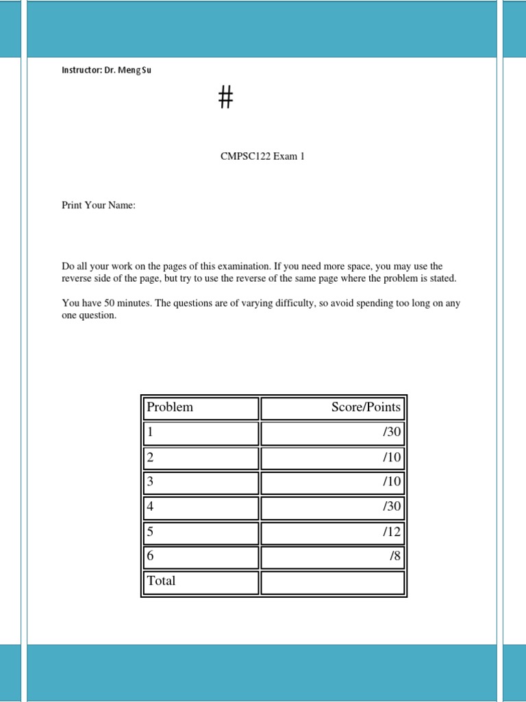 Sample Exam 1 Computer Science | C (Programming Language) | Class ...