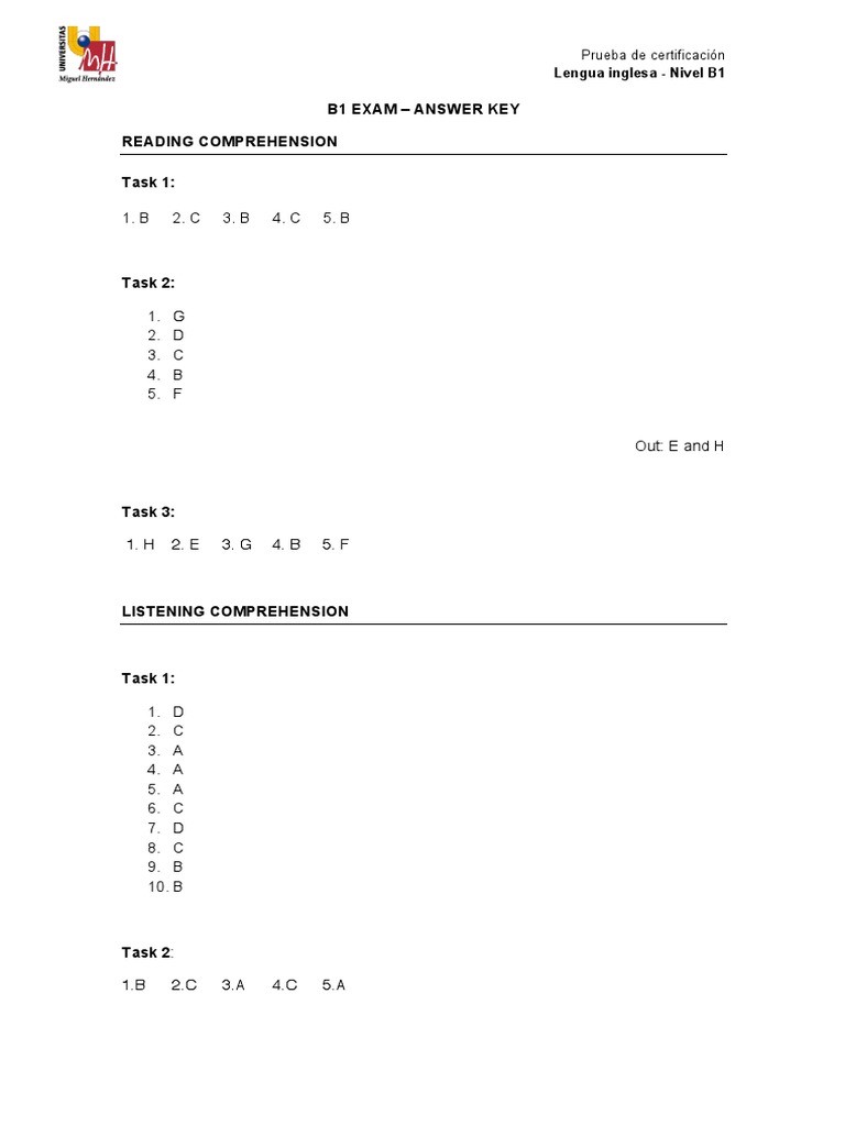 B 2. C 3. B 4. C 5. B: B1 Exam - Answer Key Reading Comprehension Task ...