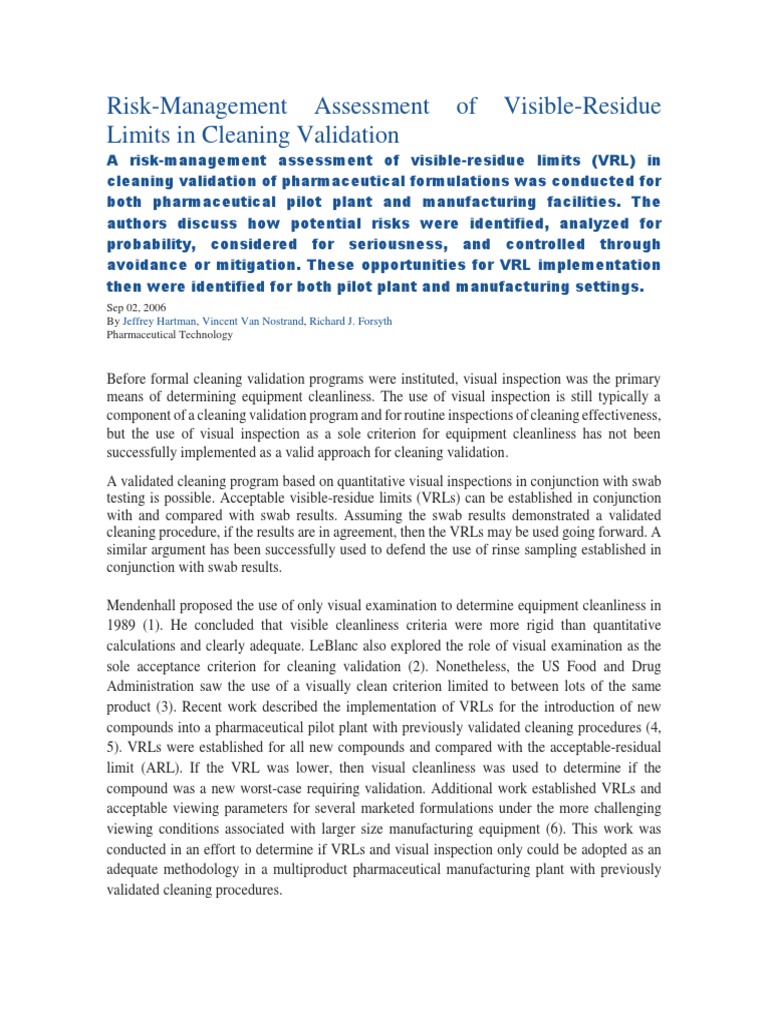 RiskManagement Assessment of VisibleResidue Limits in Cleaning