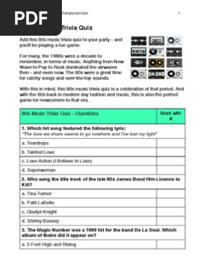 80s Music Trivia Quiz Pdf Entertainment General Leisure