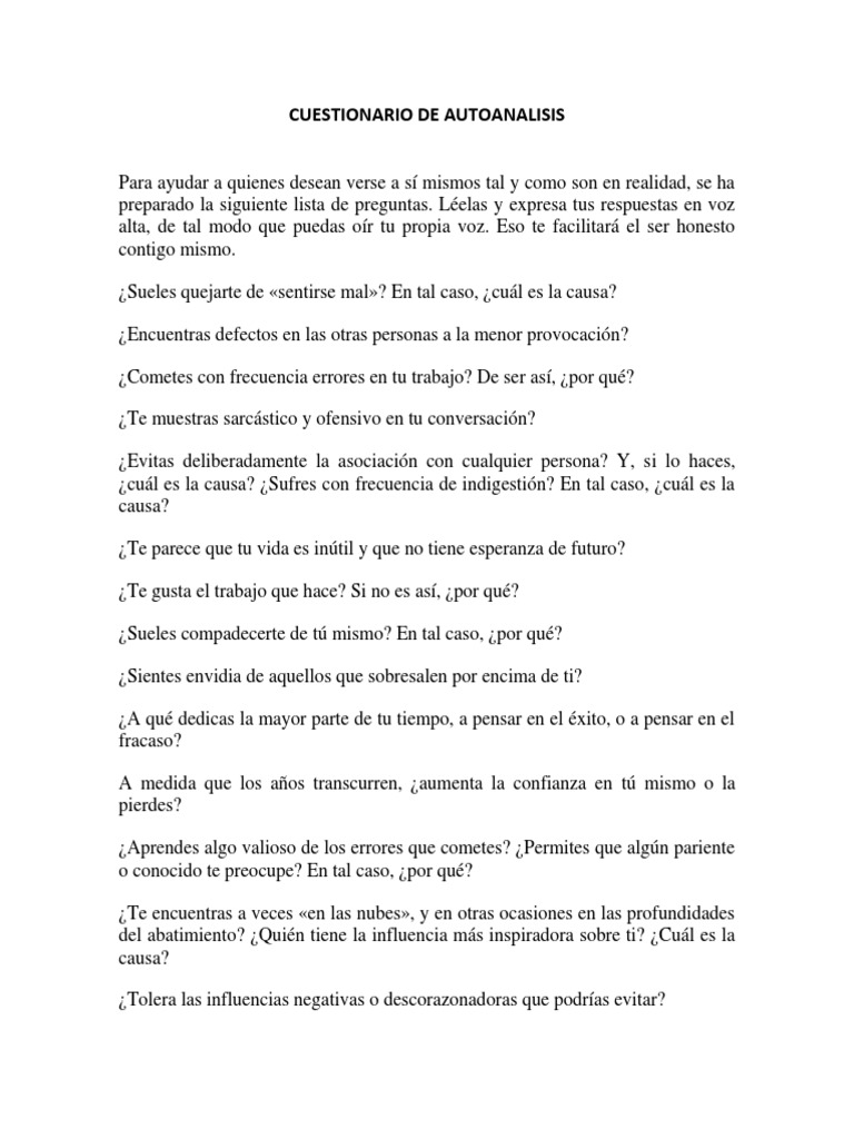 Cuestionario de Autoanálisis Personal | PDF | Salud mental | Mente