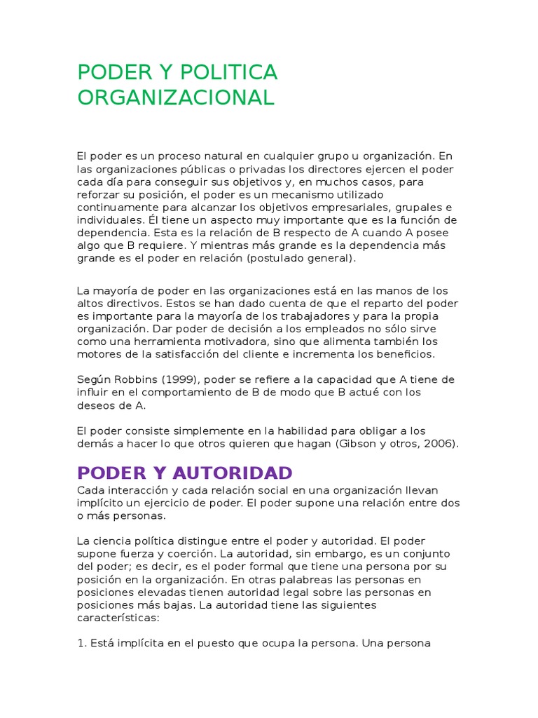 Poder y Politica Organizacional | PDF | Comportamiento | Liderazgo