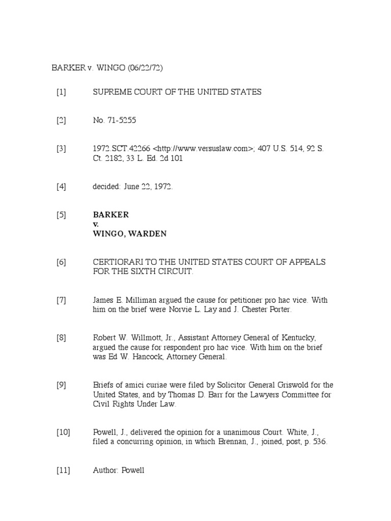 Barker V Wingo (1972) Download Free PDF Continuance Sixth