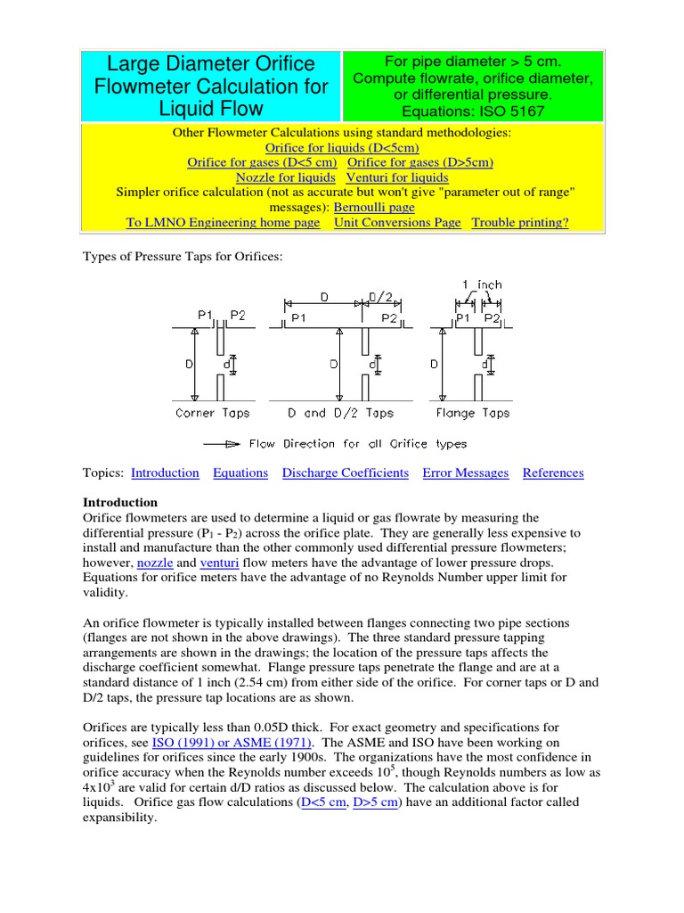 Large Diameter Orifice Flowmeter Calculation For Liquid Flow PDF Flow Measurement Liquids