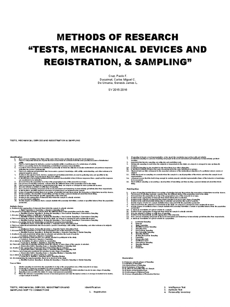 Tests Mechanical Devices and Registration Sampling | PDF | Sampling ...