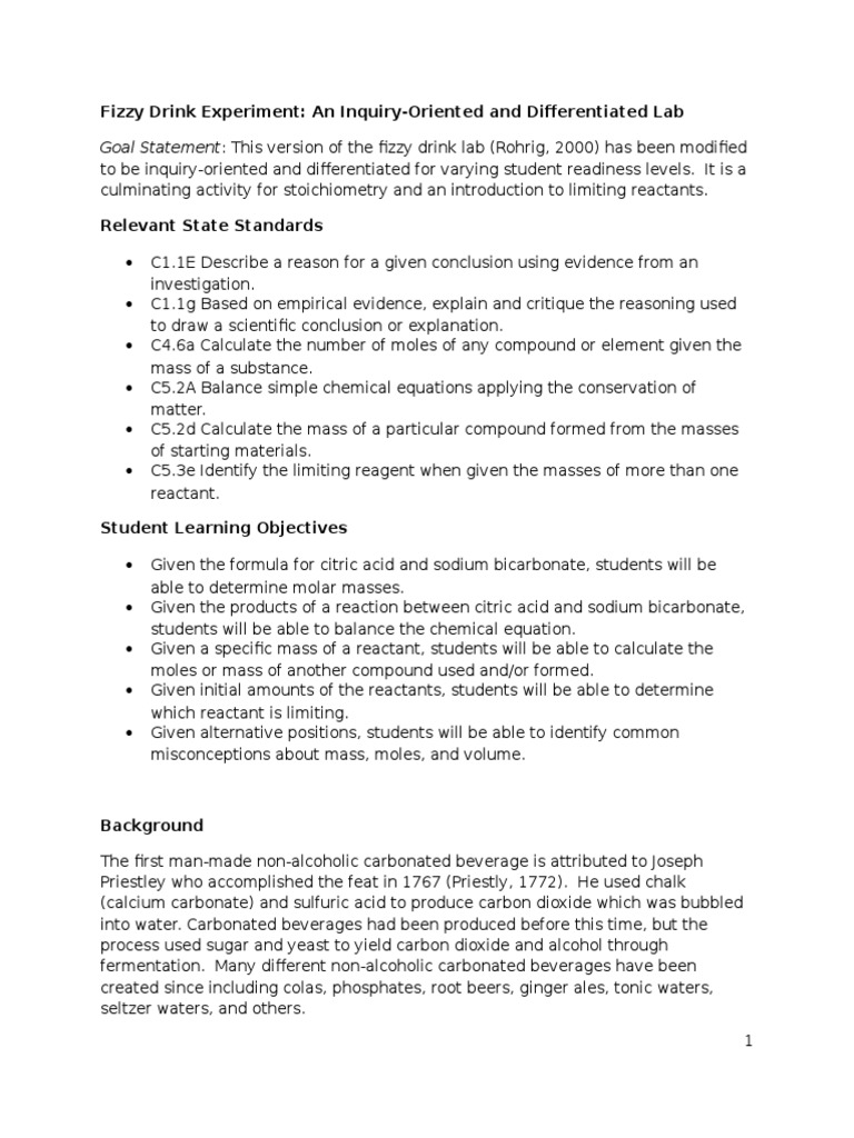 Fizzy Drinks To Ichi o Me Try Lesson PDF Sodium Bicarbonate Carbonated Water