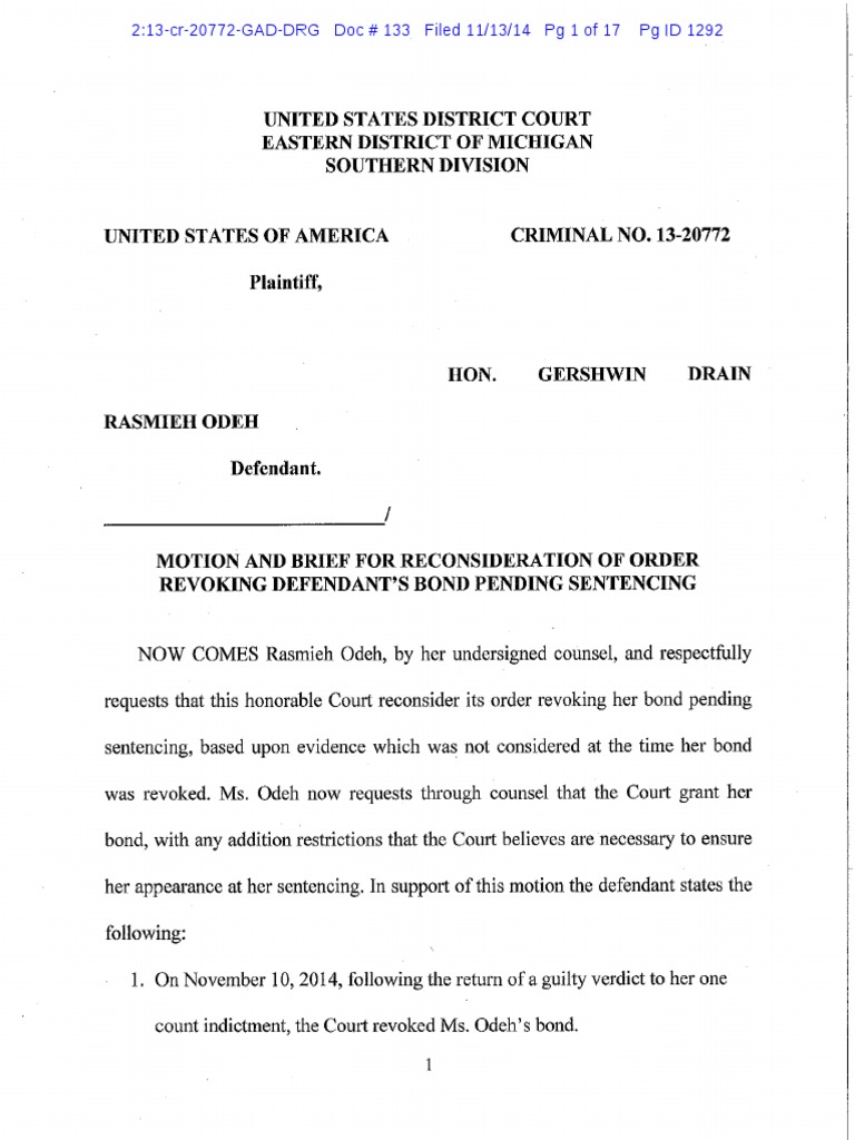 Rasmieh Odeh Case Motion for Reconsideration of Bond Revocation (1