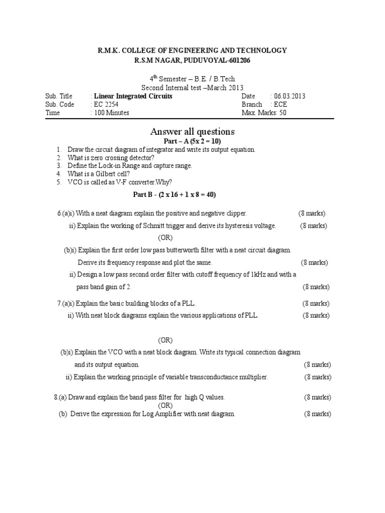 Answer All Questions: 4 Semester - B.E. / B.Tech Second Internal Test ...