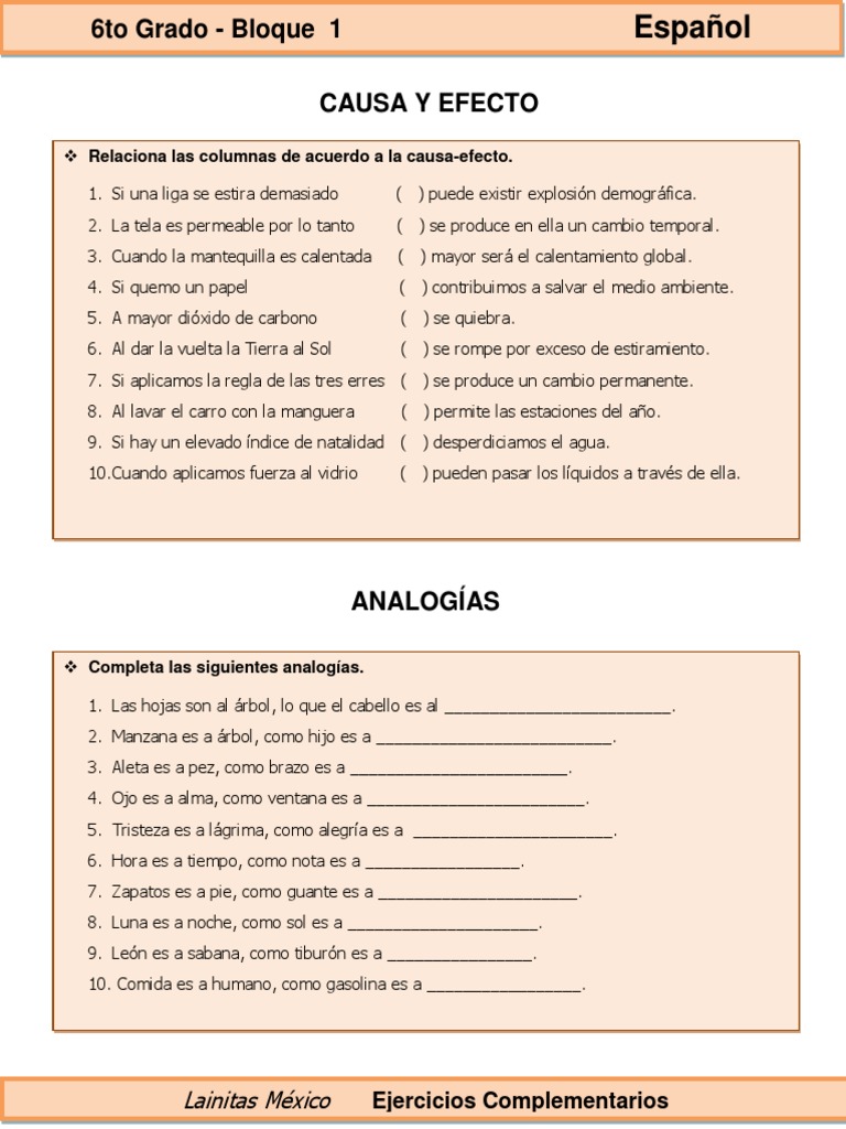 Hoja De Trabajo De Causa Y Efecto, Quinto Grado Hojas De Trabajo De