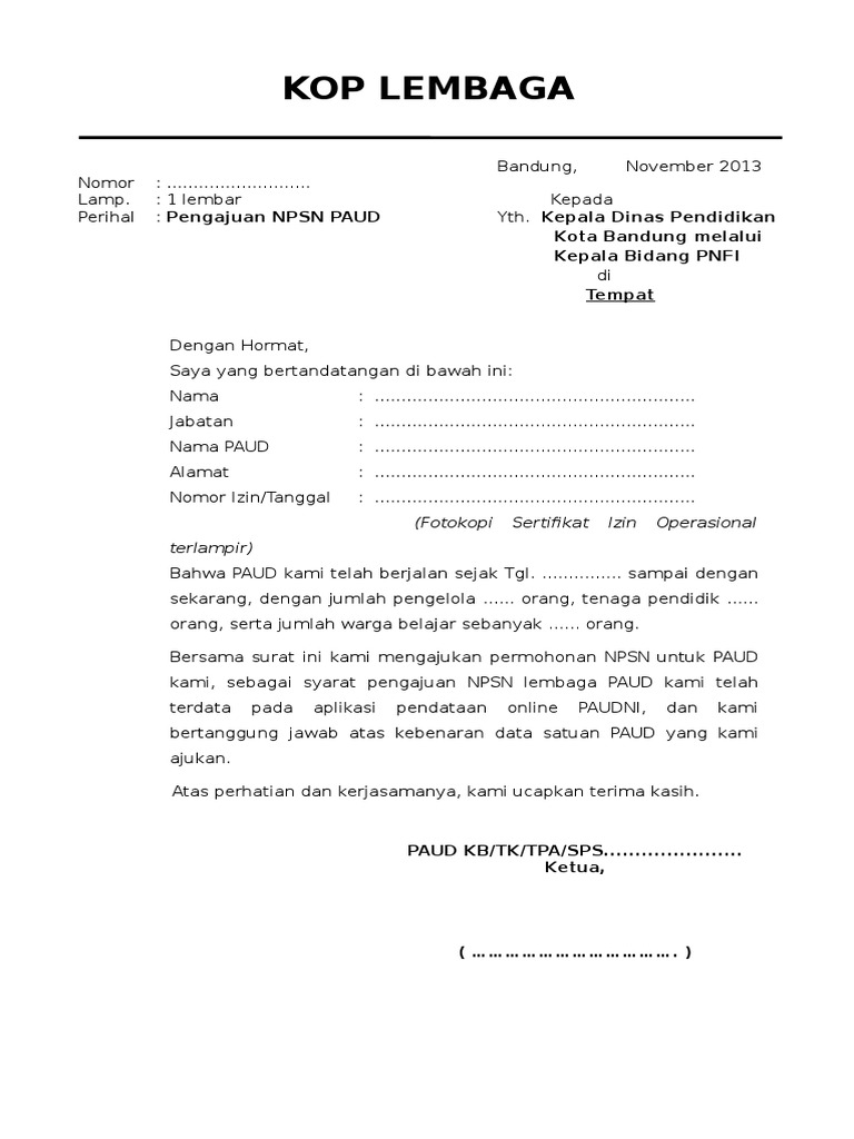 Contoh Surat Pengajuan NPSN Dr Lembaga