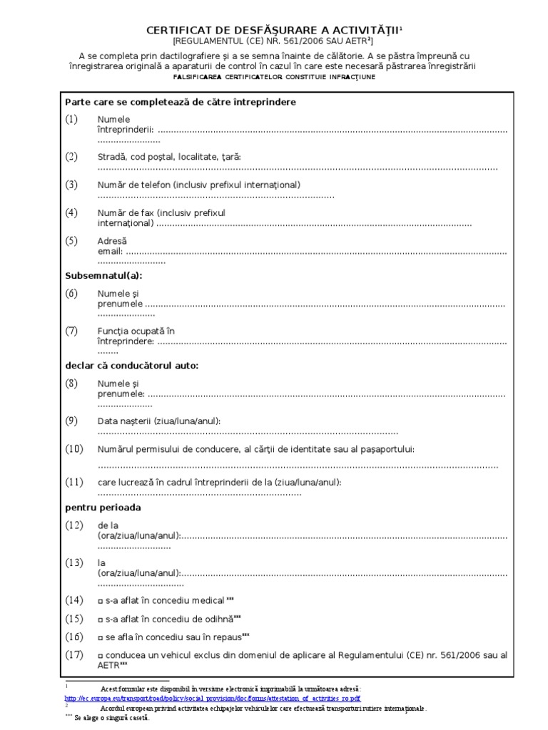 Model Formular Atestare Activitate - Concediu Soferi | PDF