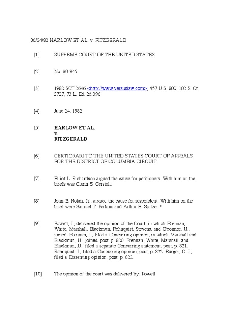 Harlow Et Al. v. Fitzgerald PDF Qualified Immunity Presidents Of