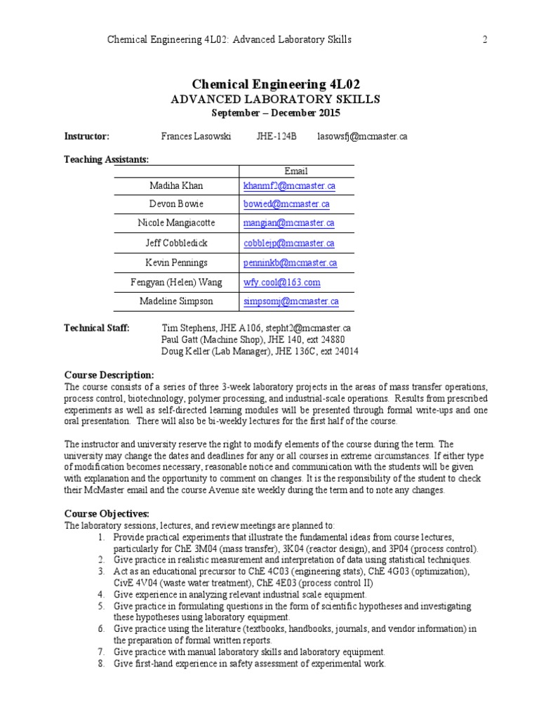 Chemical Engineering 4L02 Course Outline | PDF | Experiment | Laboratories