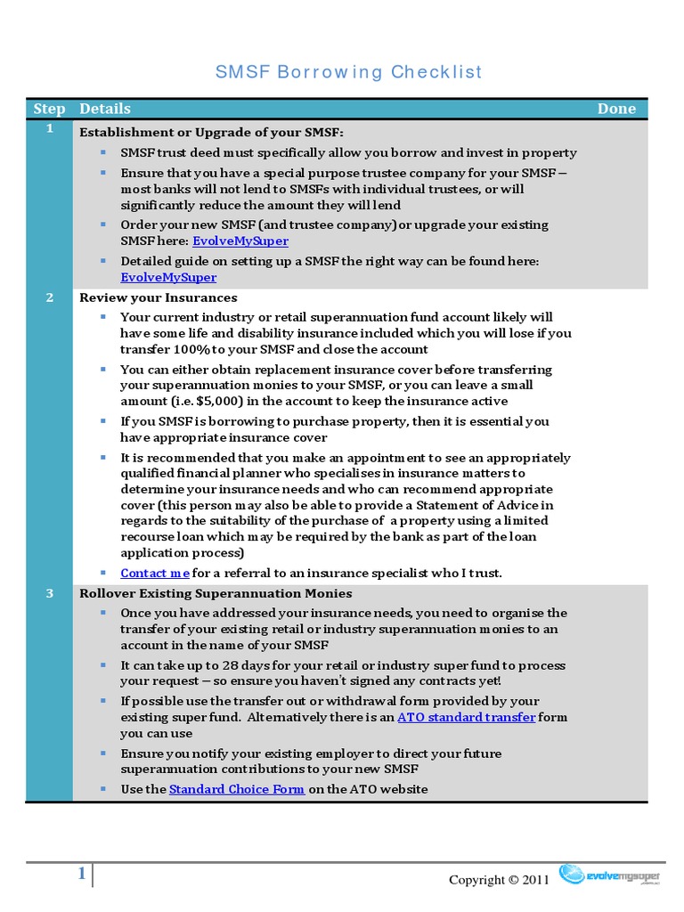 SMSF Borrowing Checklist | PDF | Deed Of Trust (Real Estate) | Real ...