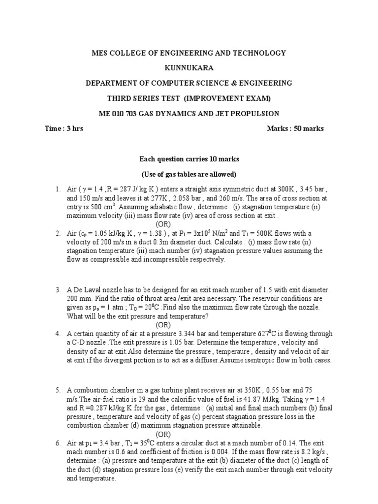 Gas Dynamics and Jet Propulsion Exam | PDF | Jet Engine | Mach Number