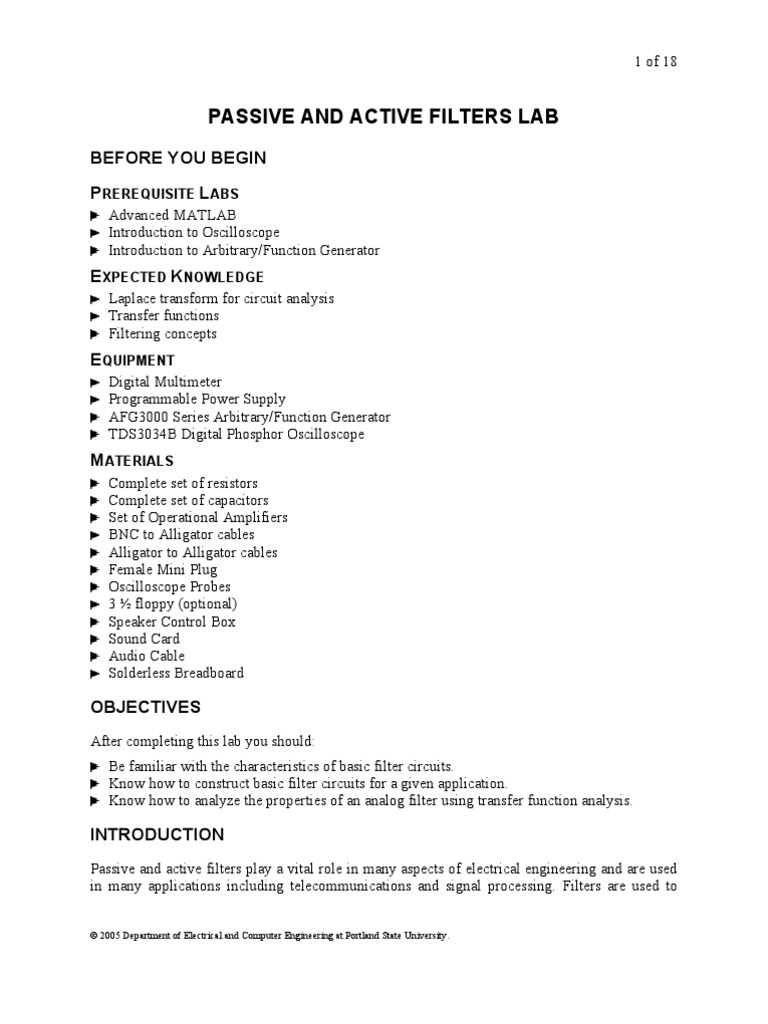 Passive and Active Filters Lab: Before You Begin P L | PDF | Electronic ...