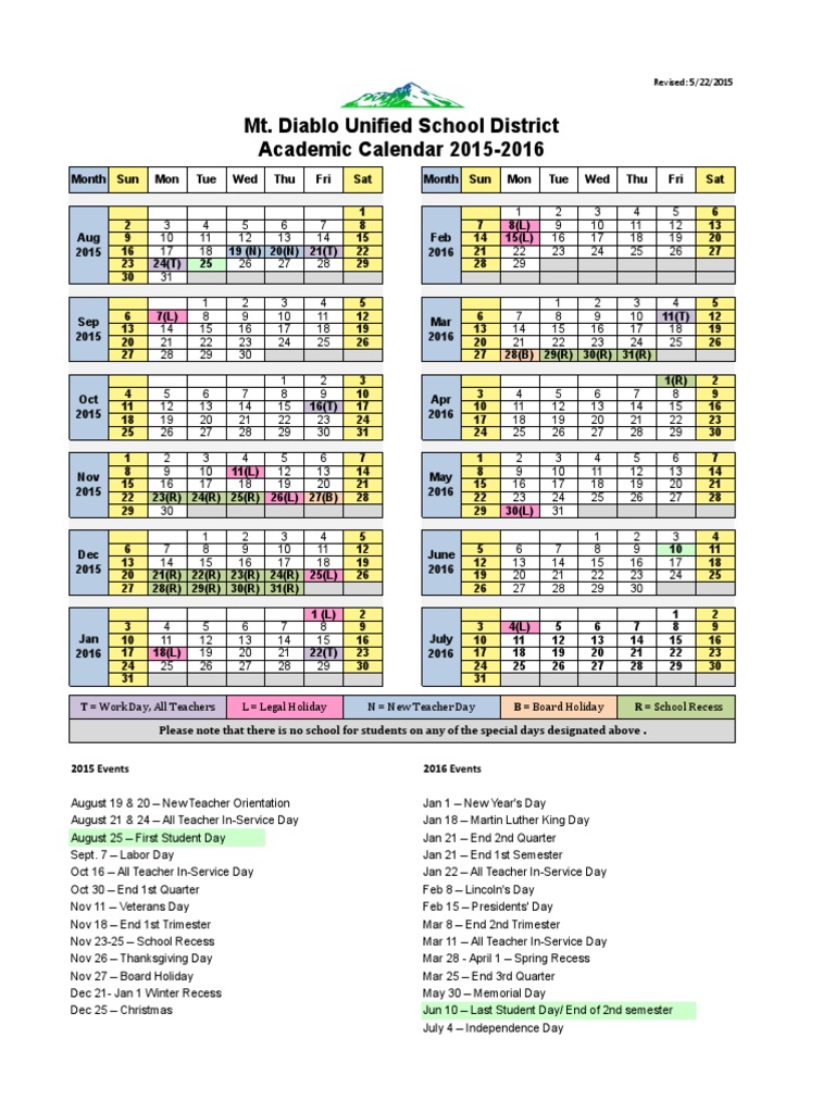 Mt. Diablo Unified School District Academic Calendar 2015-2016 | PDF
