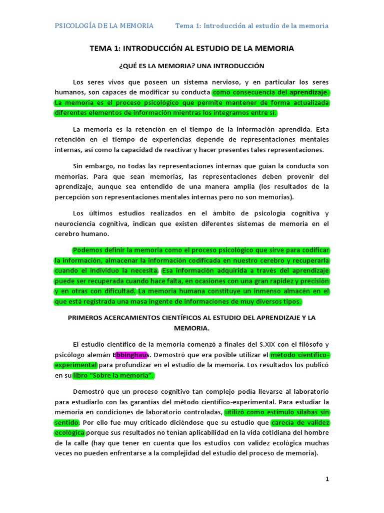 Tema 1 Memoria Uned Pdf Memoria Sicología