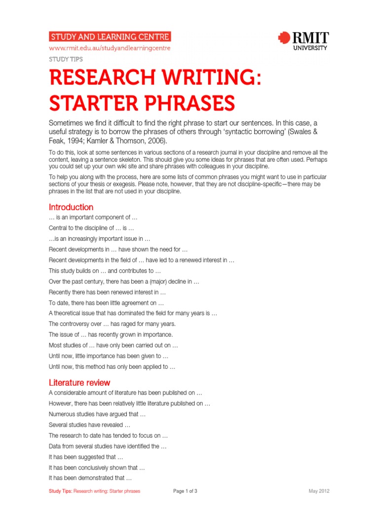 Starter Phrases for Literature Reviews | PDF | Educational Psychology ...