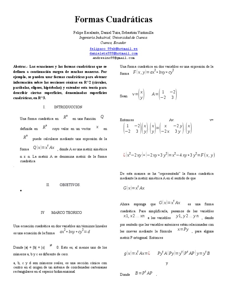 Formas Cuadraticas | PDF | Matriz (Matemáticas) | Sistema coordinado