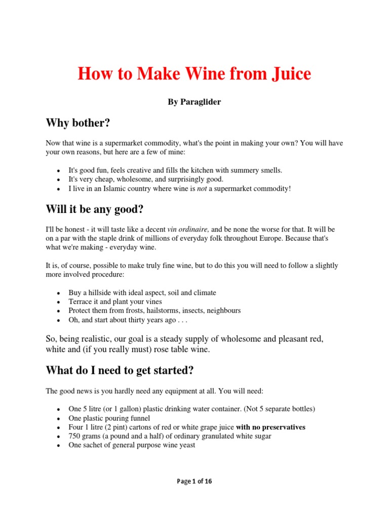 How To Make Wine From Juice PDF Winemaking Yeast