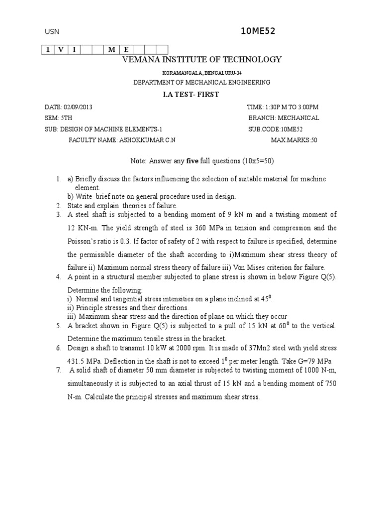DME 1 Test: Design of Machine Elements | PDF | Science & Mathematics ...