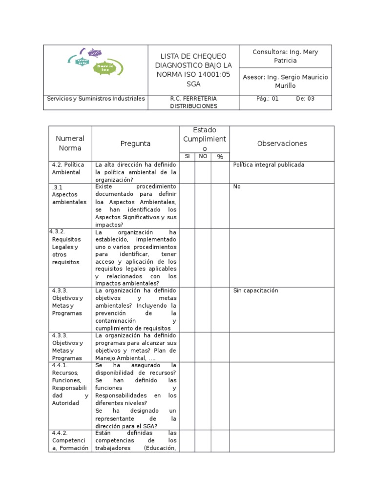 Lista de Chequeo Diagnostico Bajo La Norma Iso 14001 | PDF | Bienestar ...