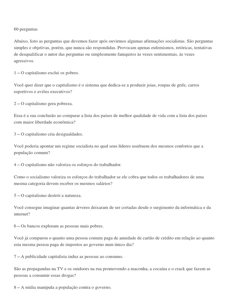 Perguntas Críticas sobre Capitalismo e Socialismo | PDF | Capitalismo ...
