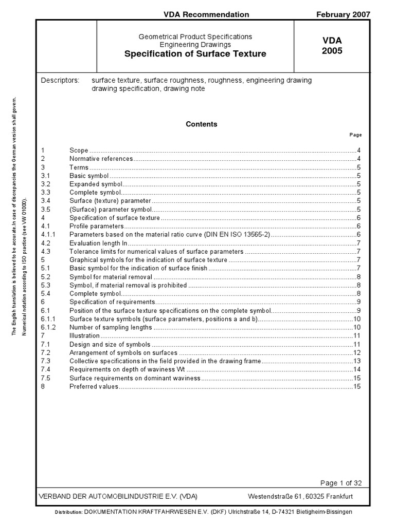 VDA2005 02012007 Specification of Surface Finish PDF Surface Roughness Specification