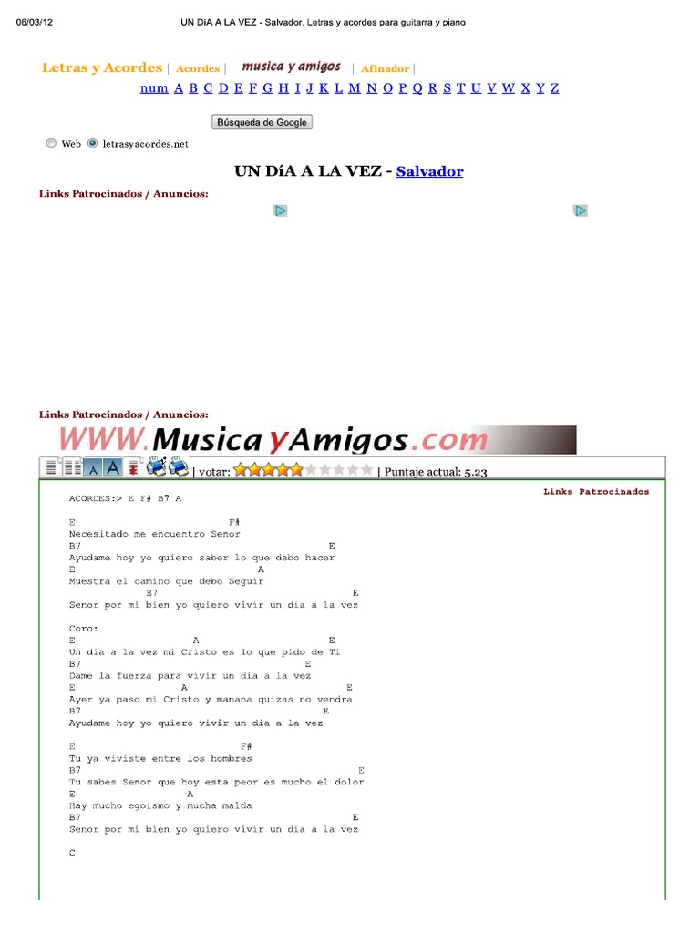 UN DíA A LA VEZ - Salvador. Letras y Acordes para Guitarra y Piano | PDF |  La música rock | Canciones, image size:768x1024