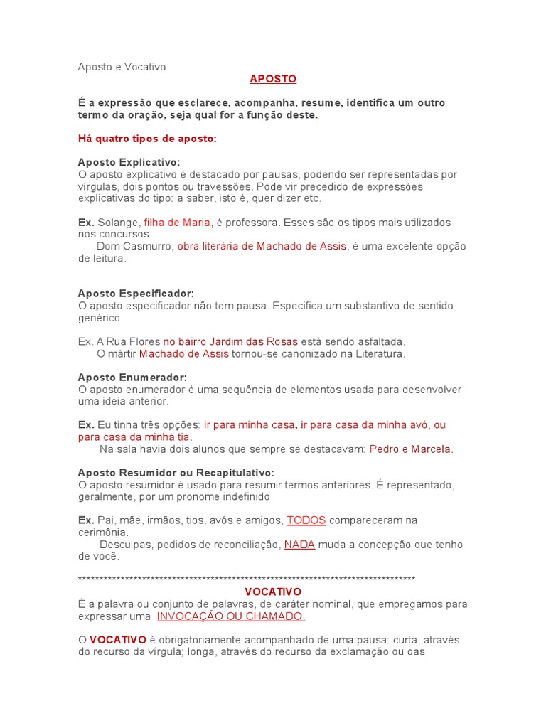 Aposto e Vocativo - ATIVIDADES | Palavra | Pronome