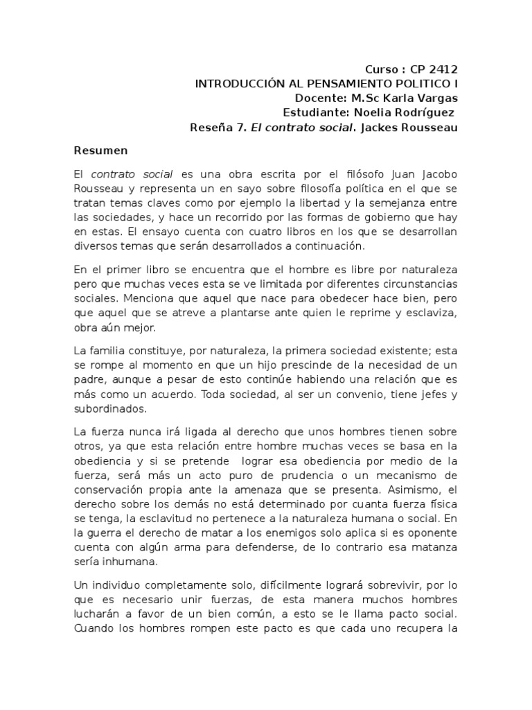 Resena El Contrato Social Contrato Social Jean Jacques Rousseau