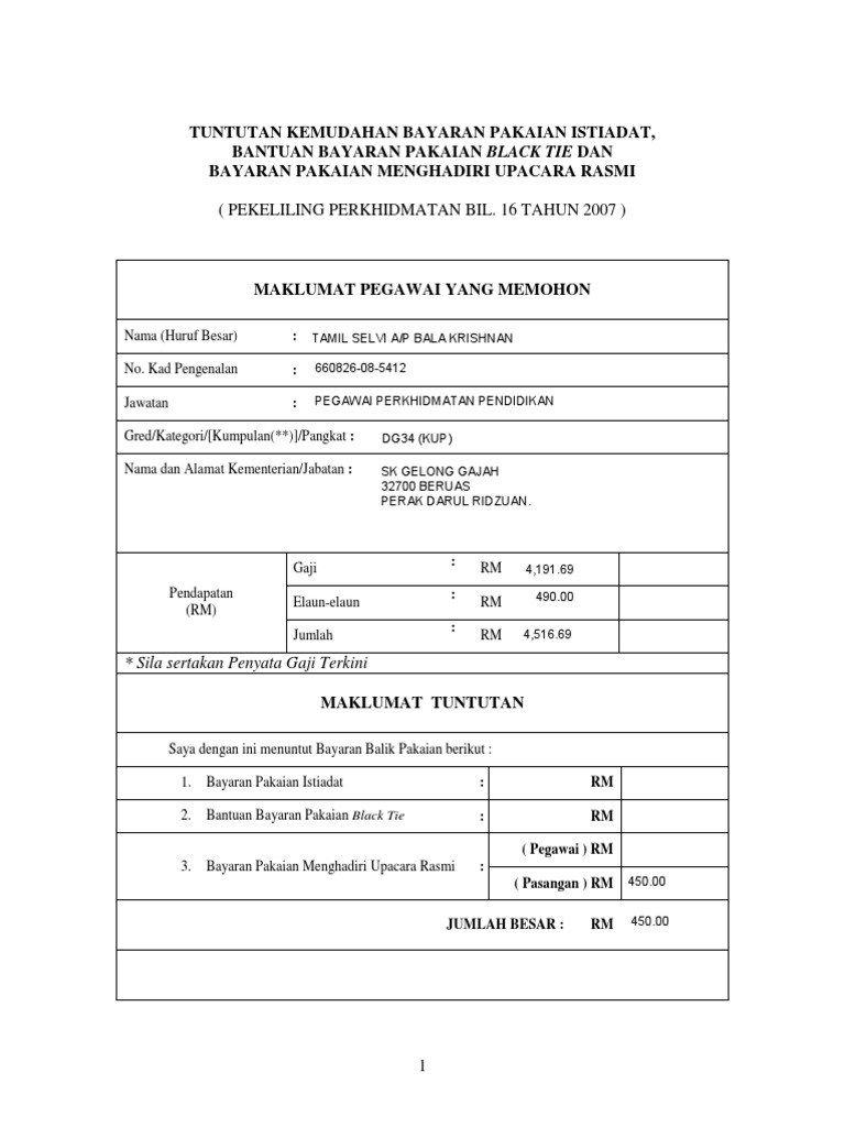Borang Tuntut Bayaran Balik Pakaian Majlis Rasmi Pdf