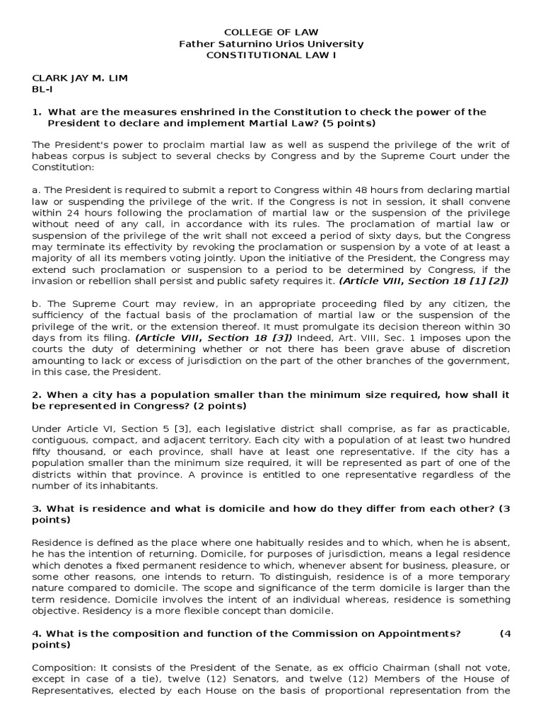 Constitutional Law I Exam Questions | PDF | Pardon | Presidents Of The ...