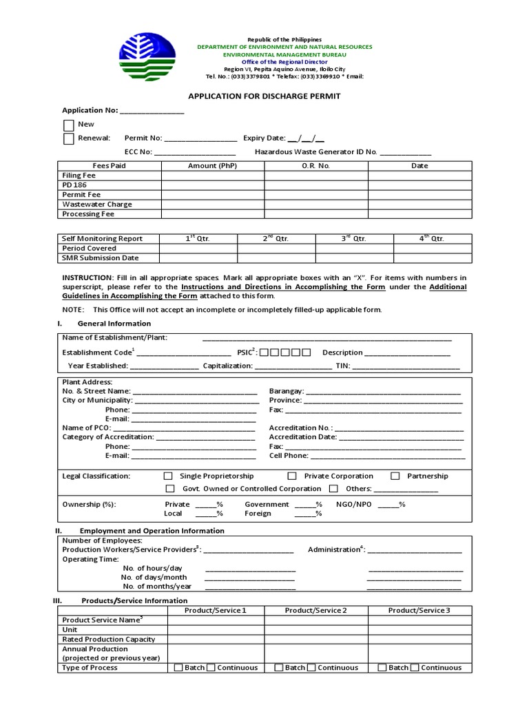 Application for Discharge Permit Wastewater Sewage Treatment