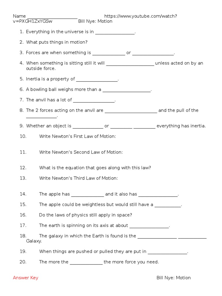 Kinetic And Potential Energy Video Bill Nye Inside Bill Nye Motion Worksheet Answers